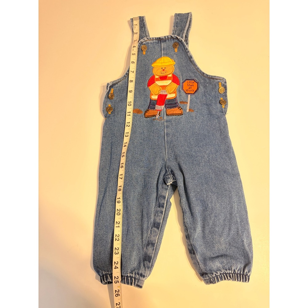 Vintage 18 months Boys Denim Overalls Construction Patch Bear 100% Cotton - Picture 7 of 9
